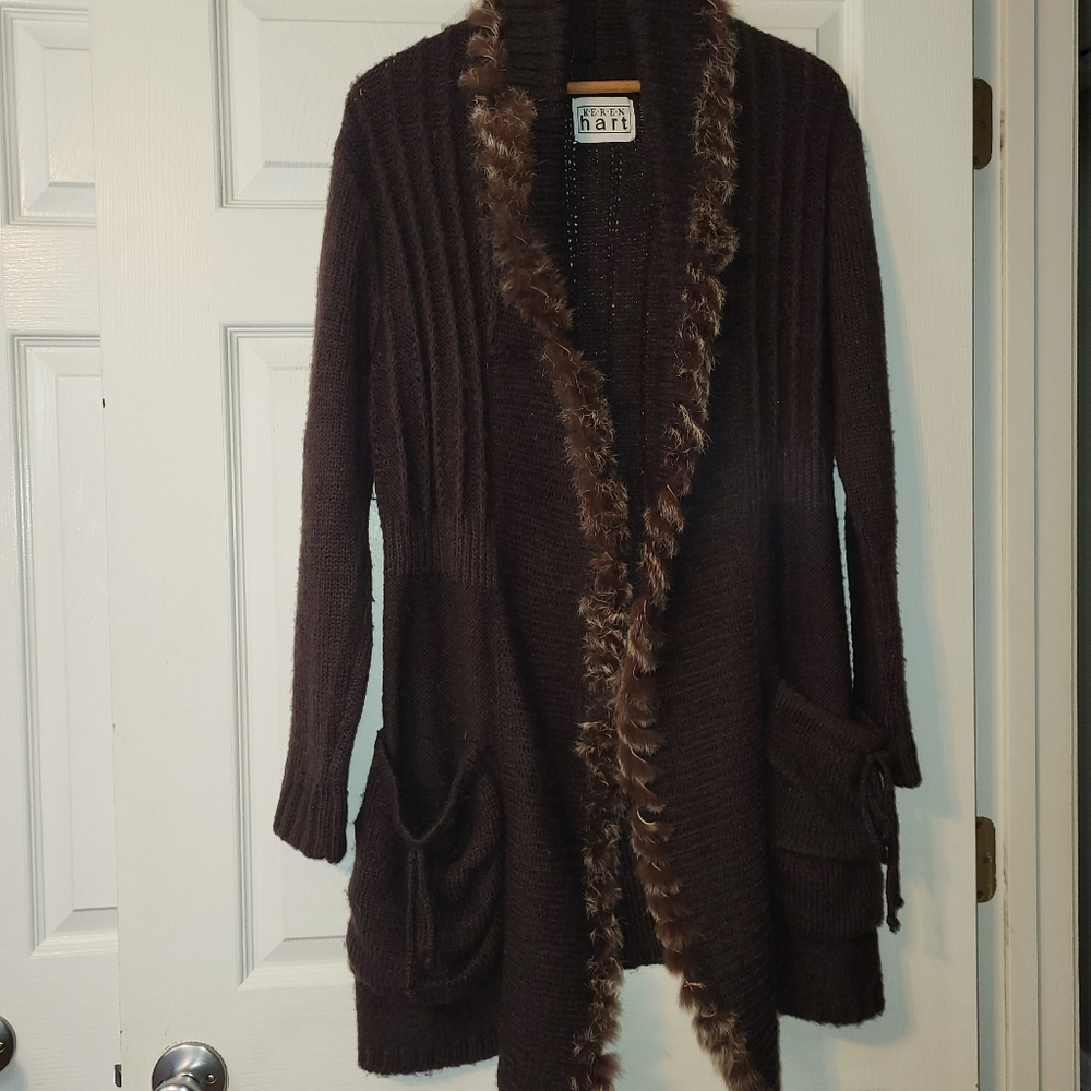 Keren Hart Wool Blend Long Cardigan Sweater Women's Size Medium Faux Fur‎ Trim